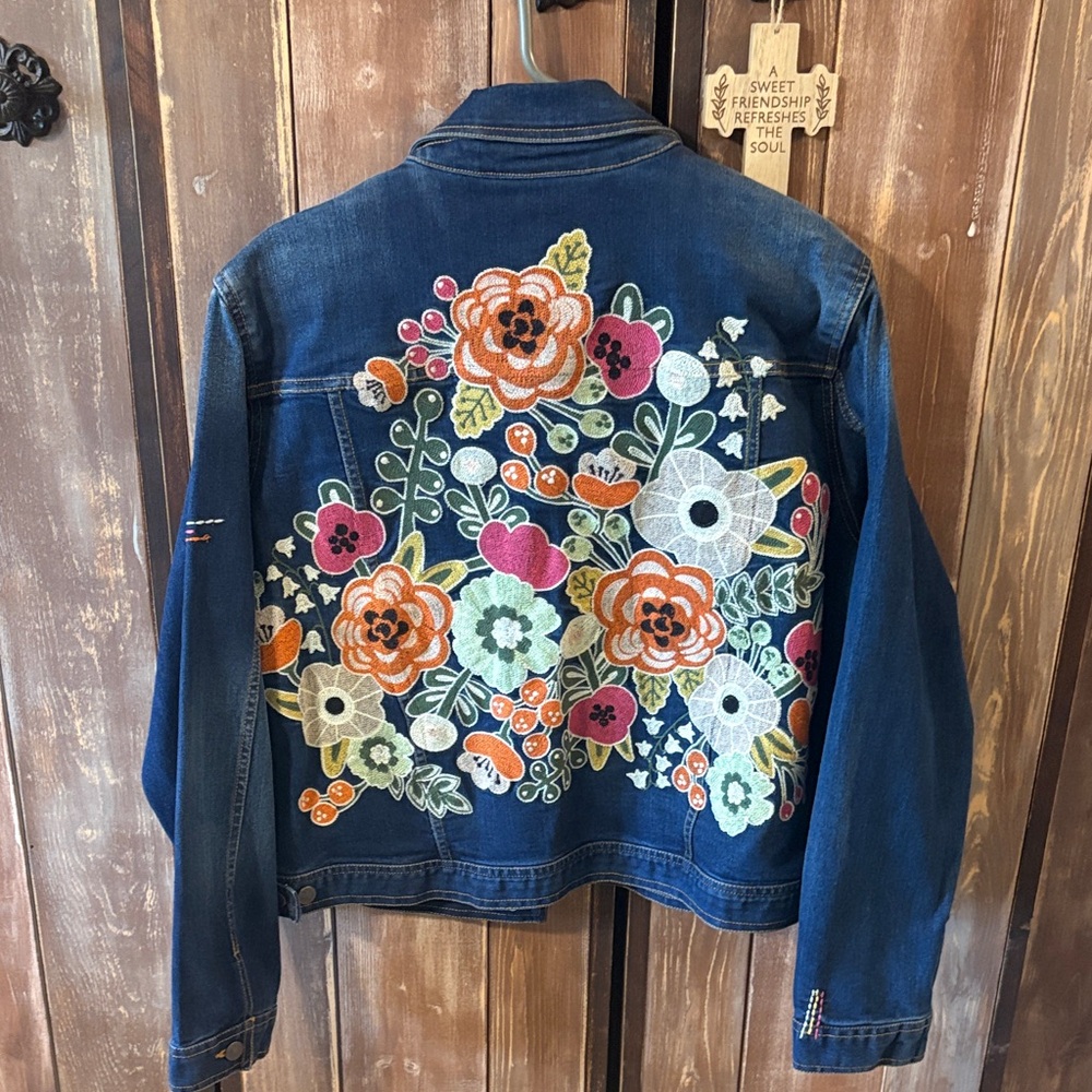 John Mark Blue Jean Jacket with Floral Embroidery